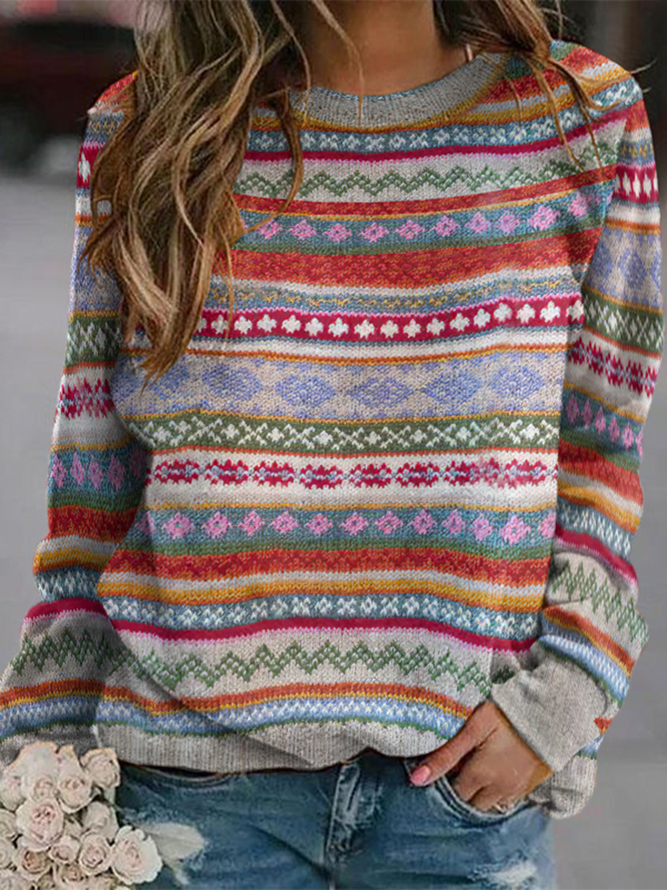 Ethnic Style Contrast Jacquard Round Neck Sweater