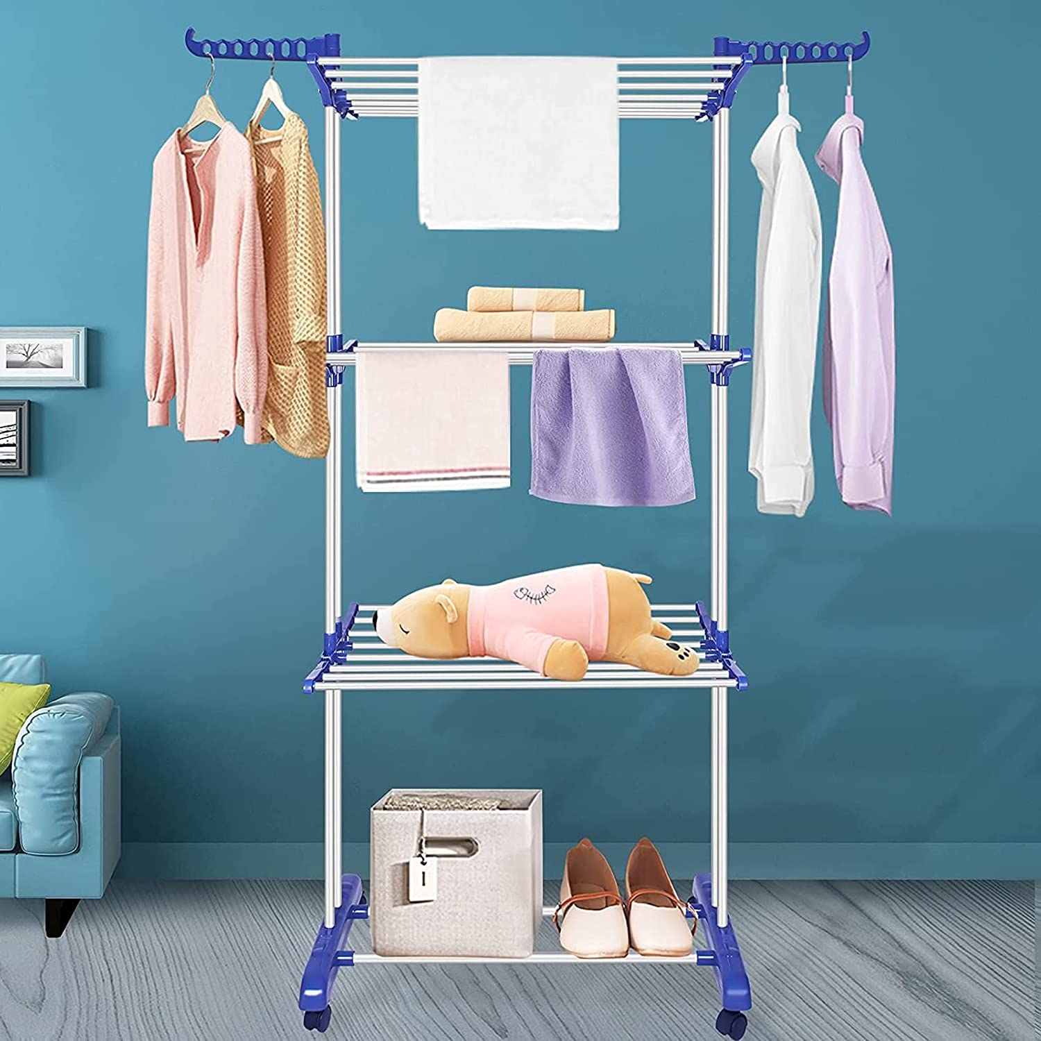Three Layer Clothes Dryer . Stainless Steel Foldable Clothes Laundry Drying Rack