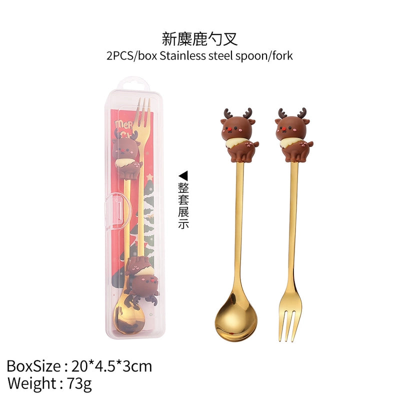 Christmas Cute Animal Santa Claus Stainless Steel Tableware 2 Pieces