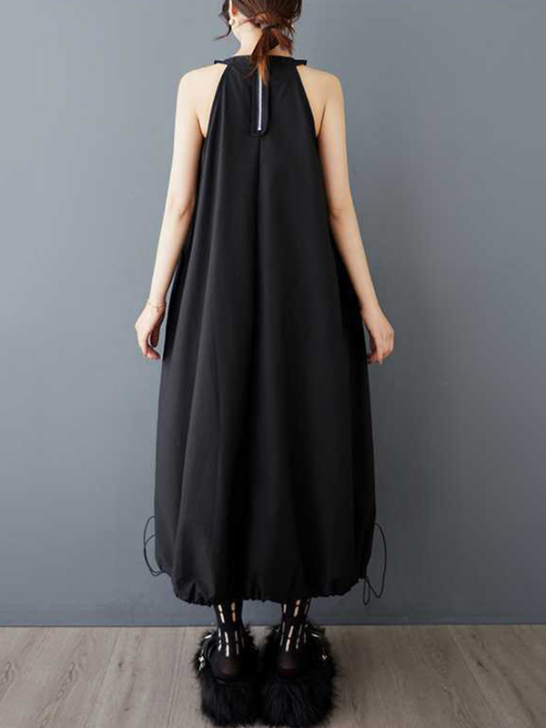 A-Line Loose Drawstring Pleated Pockets Solid Color Zipper Spaghetti-Neck Midi Dresses