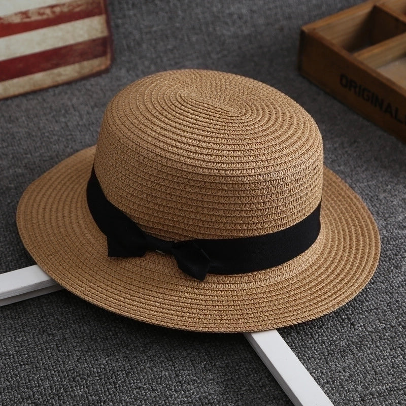 Straw Hat Female Summer British Retro Flat Top Beach Travel Hat