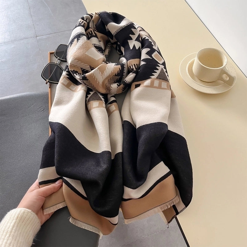 Women's Elegant Printing Color Block Imitation Cashmere Polyester Scarf