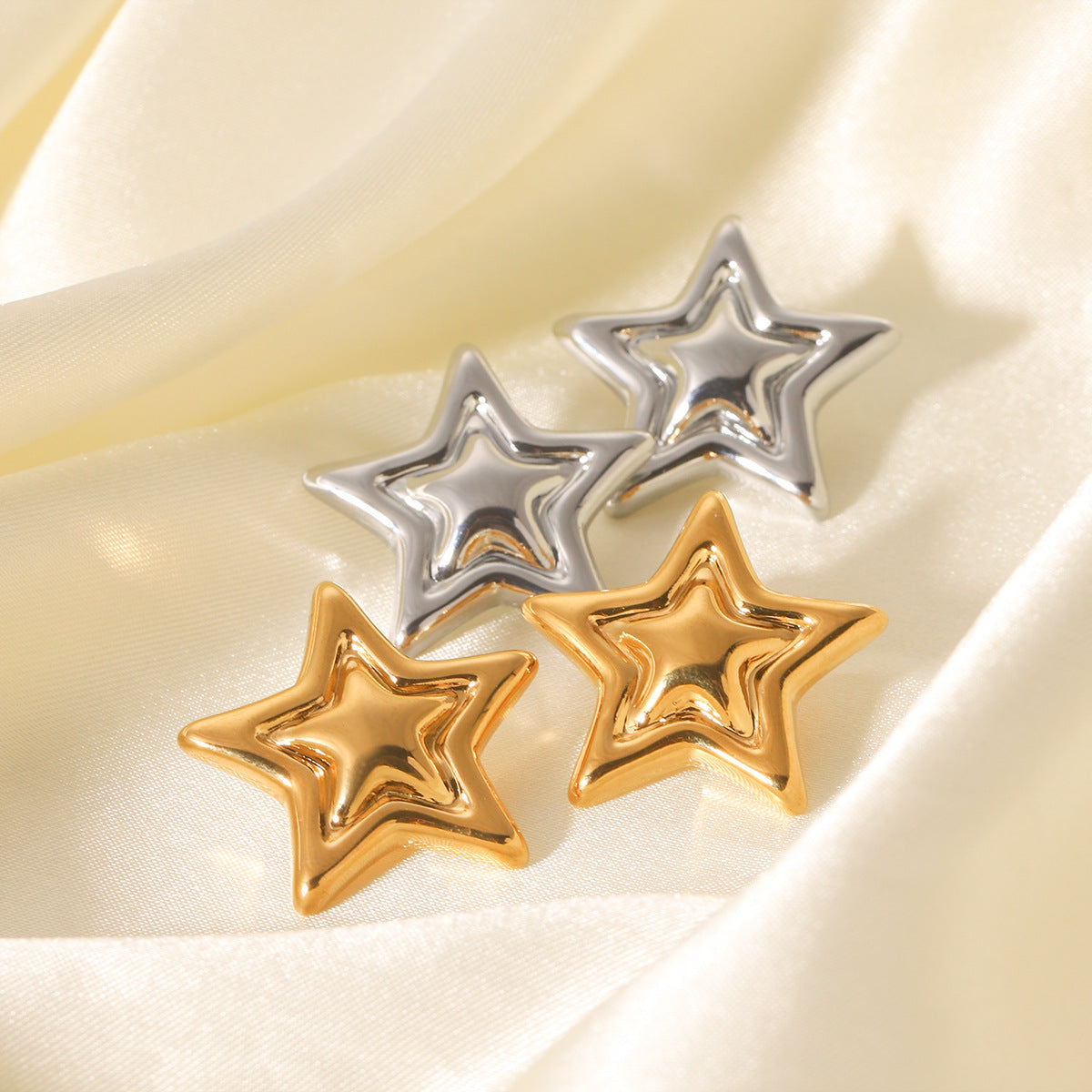 Stainless Steel Five-Pointed Star Pendant Necklace Gold And Silver Color Matching Star-Shaped Open Ring Titanium Steel Star Earrings