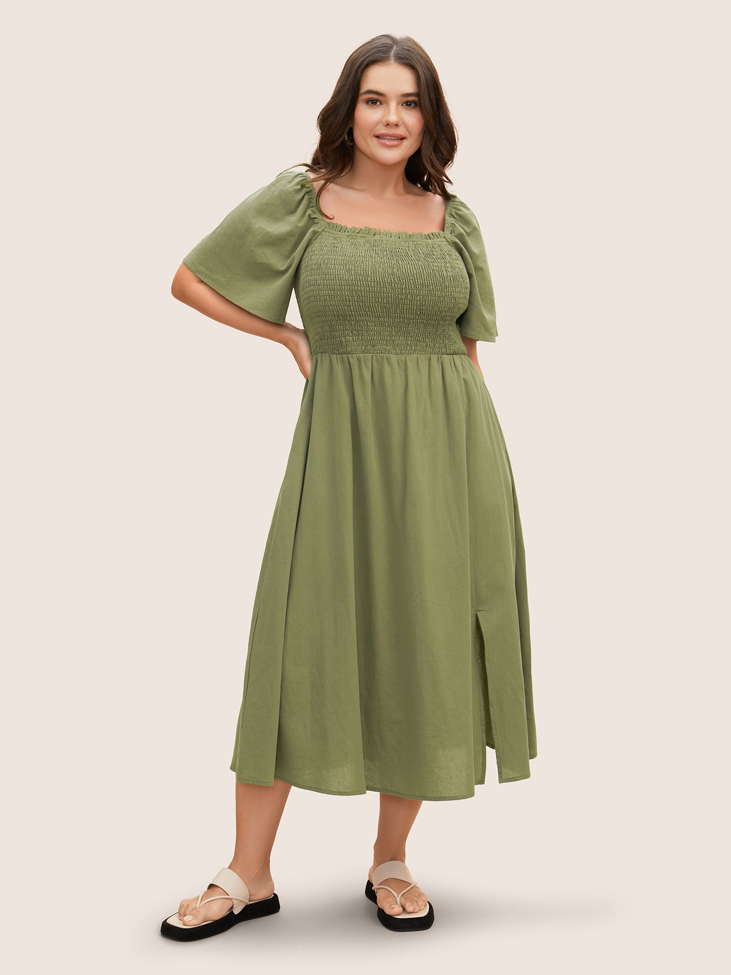 Cotton Square Neck Shirred Ruffle Sleeve Split Hem Dress