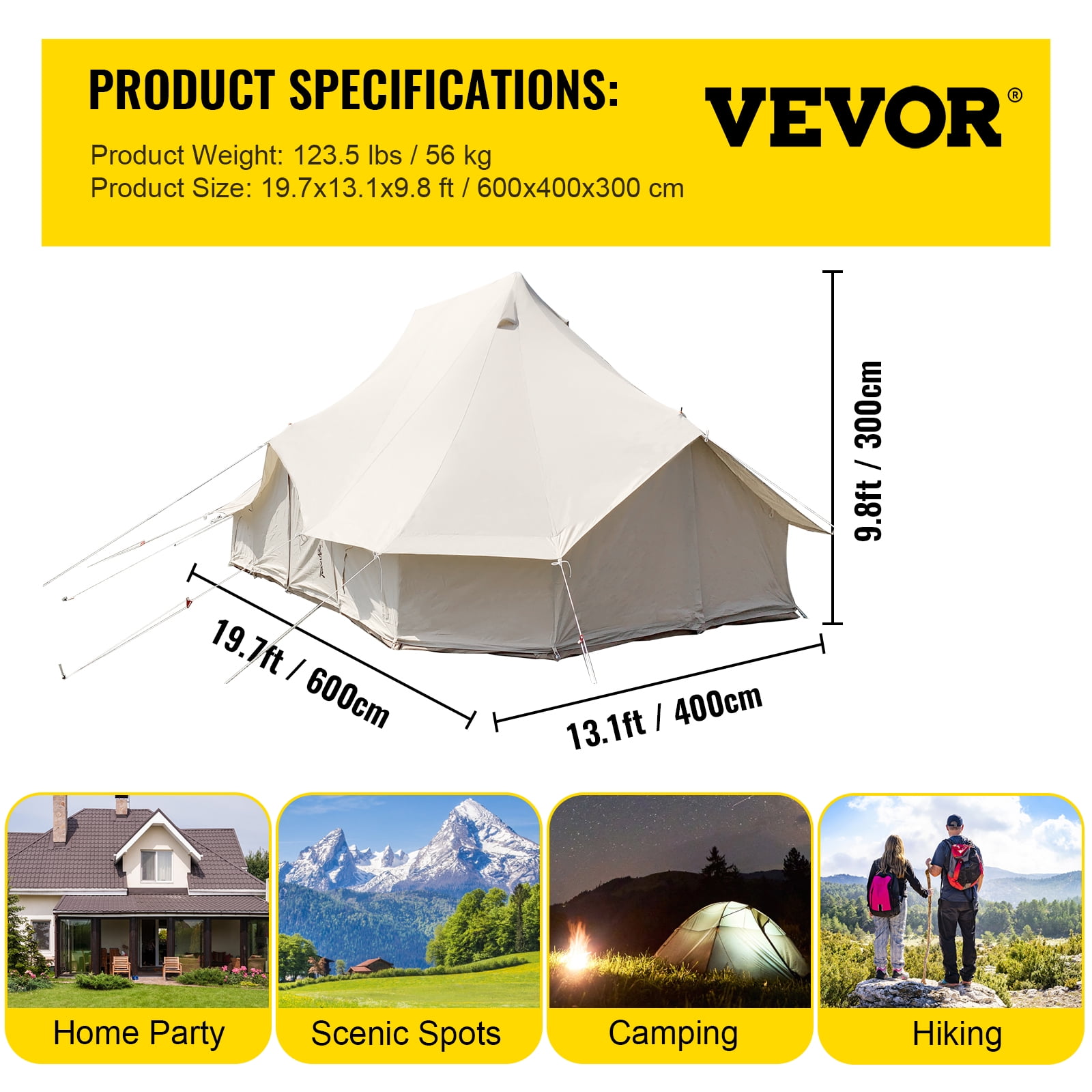 VEVORbrand Canvas Bell Tent 19.7x13.1x9.8 ft Yurt Beige Canvas Tent Cotton Glamping Tents 8-12 Person