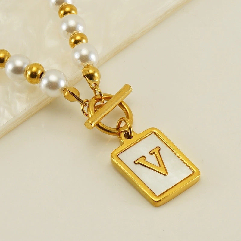 Stainless Steel 18K Gold Plated Elegant French Style Pearl Plating Inlay Letter Shell Pendant Necklace