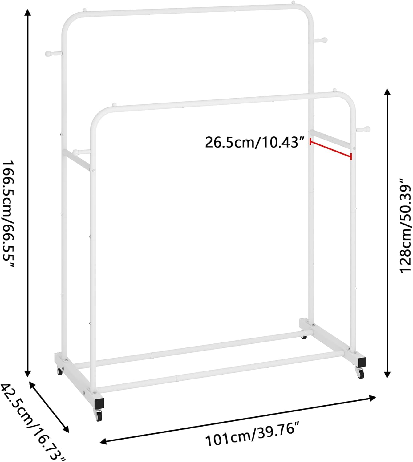 Laiensia Double Rods Garment Rack with Wheels, Clothing Rack for Hanging Clothes,4 Hooks, Multi-functional Bedroom Clothes Rack, Black