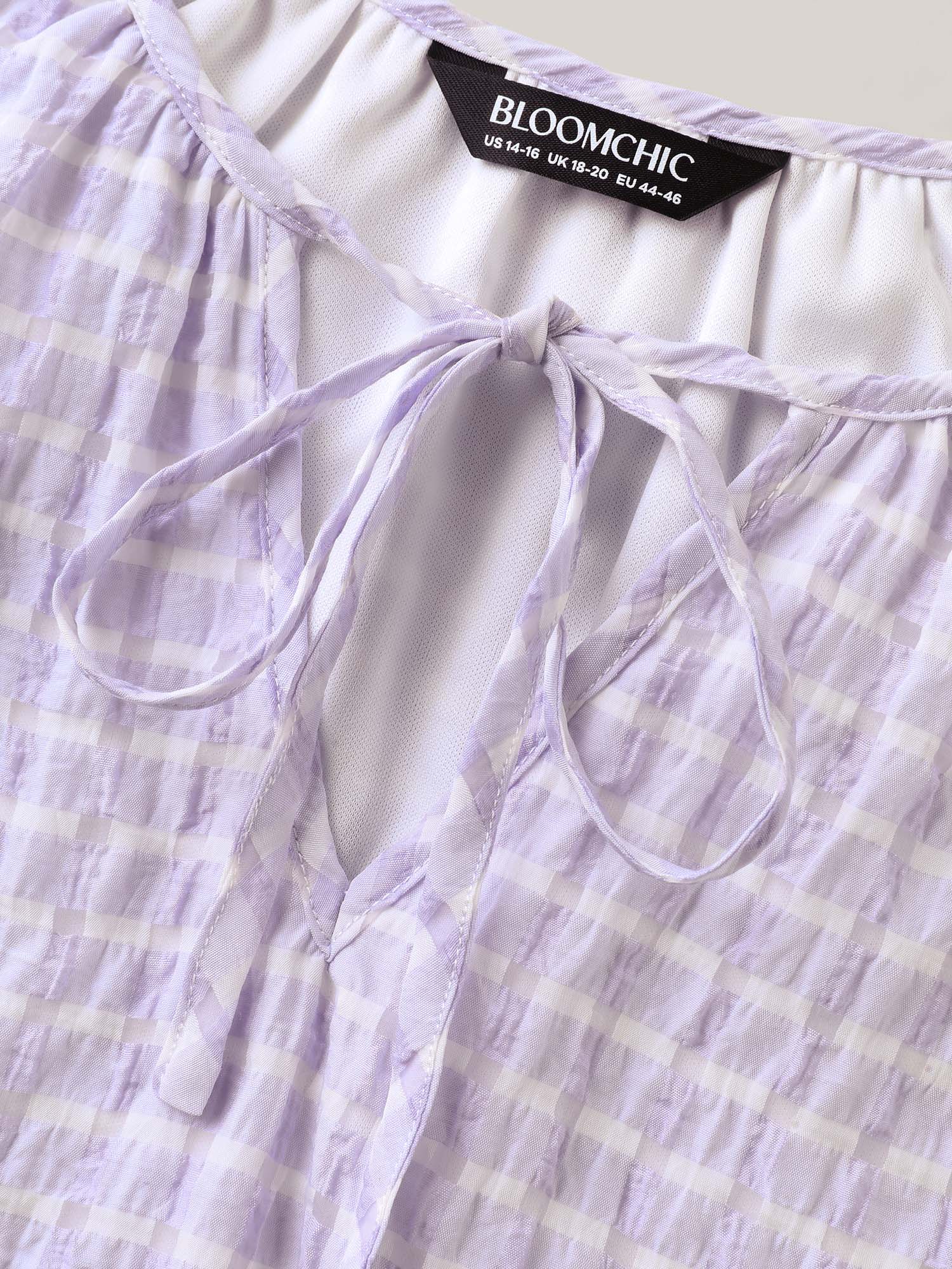Grid Textured Keyhole Tie Blouse