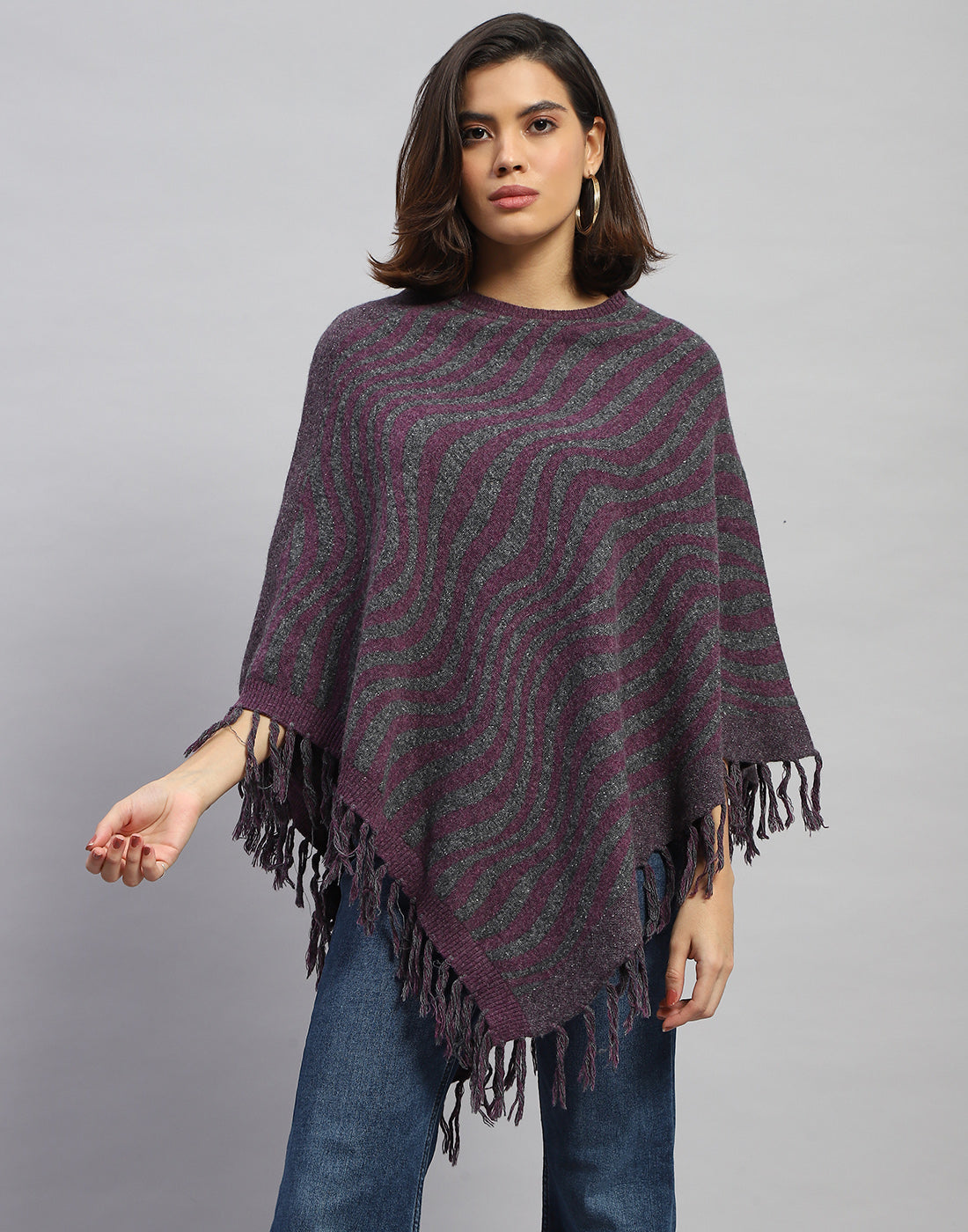 Women Purple Self Design Round Neck  Poncho