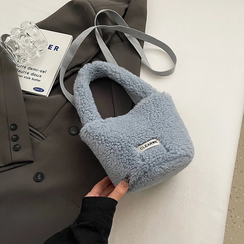 Women's Plush Solid Color Cute Bucket Magnetic Buckle Shoulder Bag Handbag Crossbody Bag
