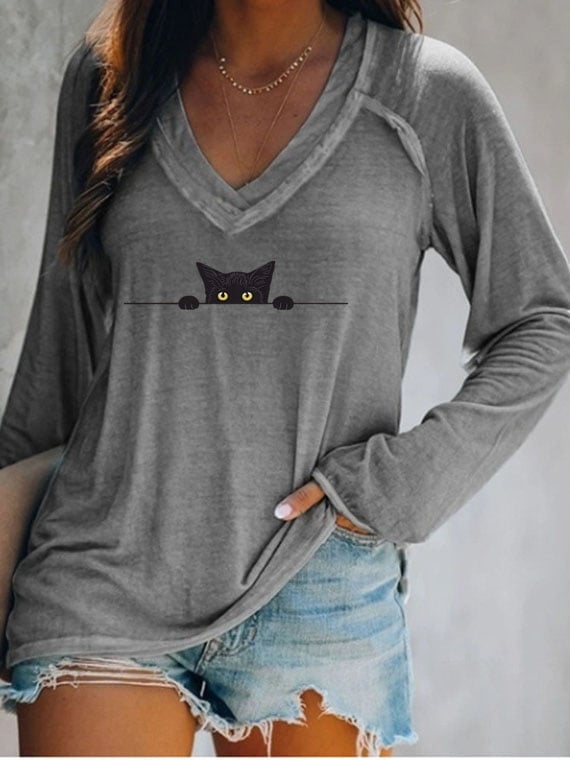 Women's Black Cat Casual V-Neck Long-Sleeve T-Shirt