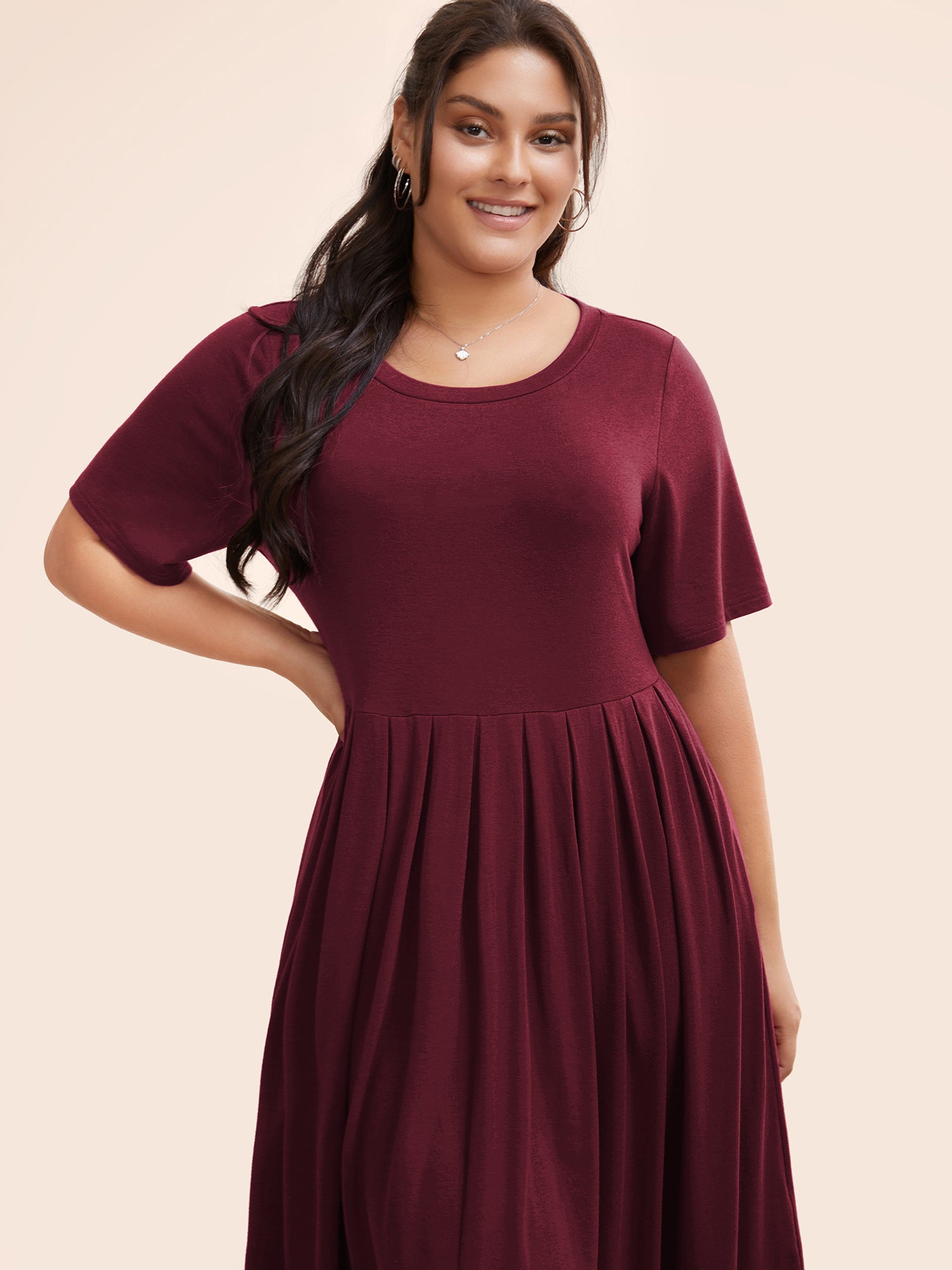 Supersoft Essentials Solid Pleated Round Neck Midi Dress