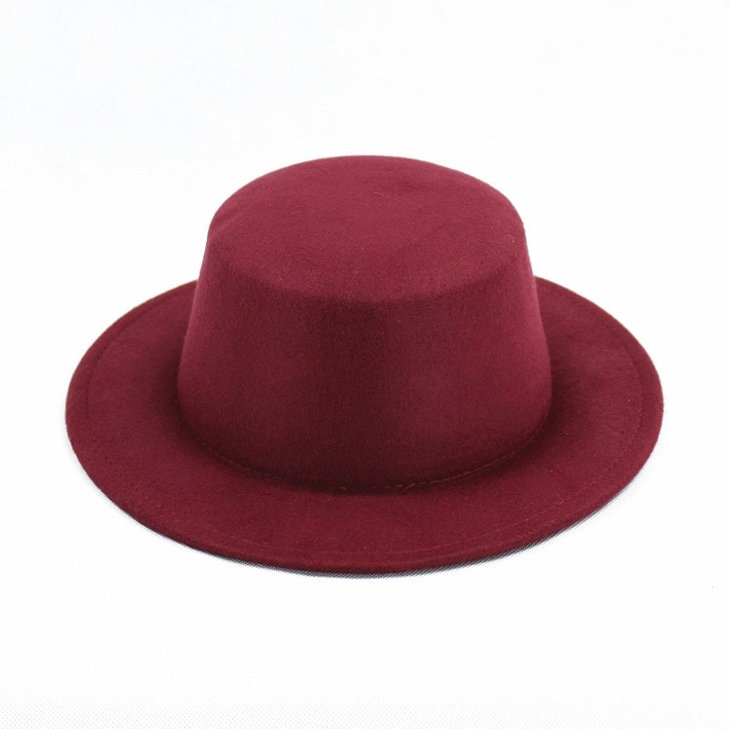 Retro Pure Black Flat Top Hat Couple Men And Women Gentleman's Hat Spring And Autumn Performance Big Brimmed Woolen Warm Hat