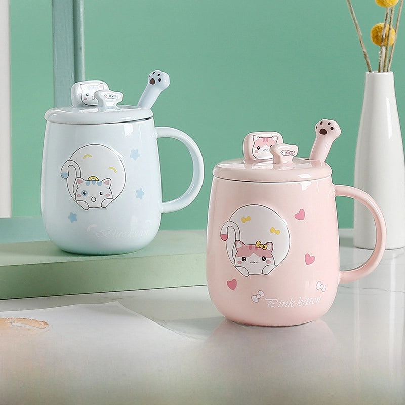 Cat Mug With Lid Spoon Ceramic Cup Creative Personality Trendy Office Cartoon Ins Household Coffee Cup