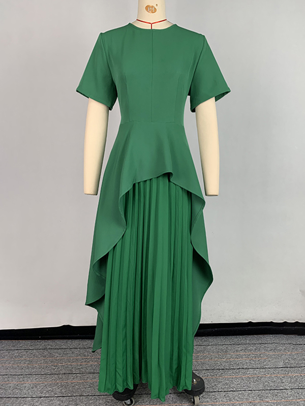 A-Line High Waisted Pleated Solid Color Split-Joint Round-Neck Maxi Dresses