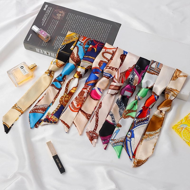 Silk Scarf Long Beveled Small Silk Scarf Double-layer Hair Belt Ribbon Decoration Tie Bag Hand Gift Box Silk Scarf