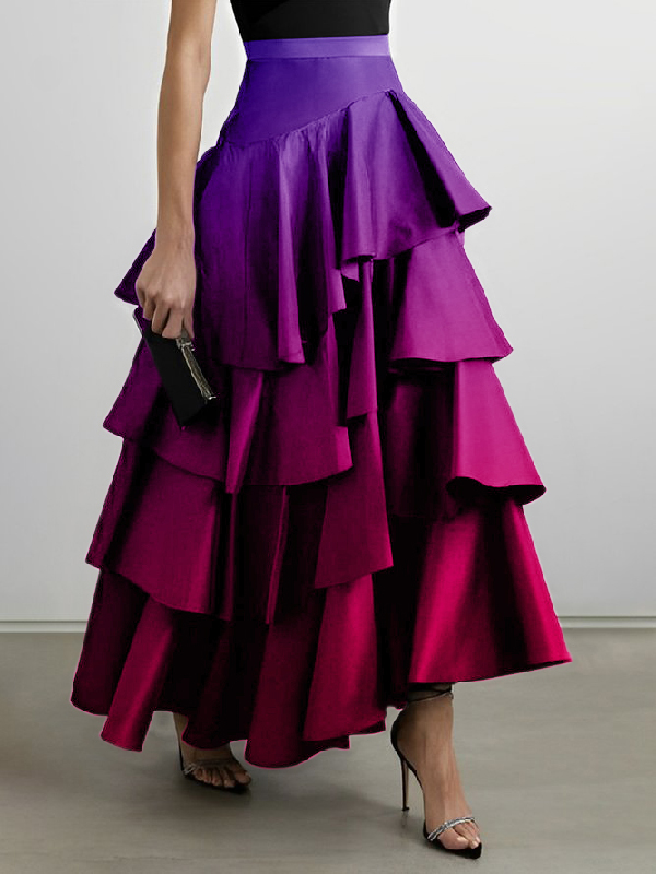 A-Line High Waisted Falbala Gradient Skirts Bottoms