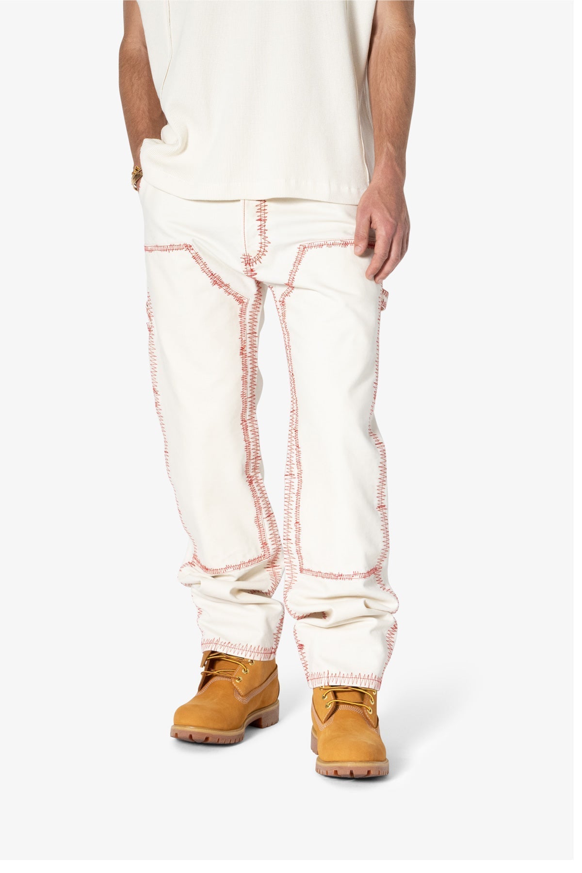 V711 Zig Zag Stitch Baggy Denim - White/Red