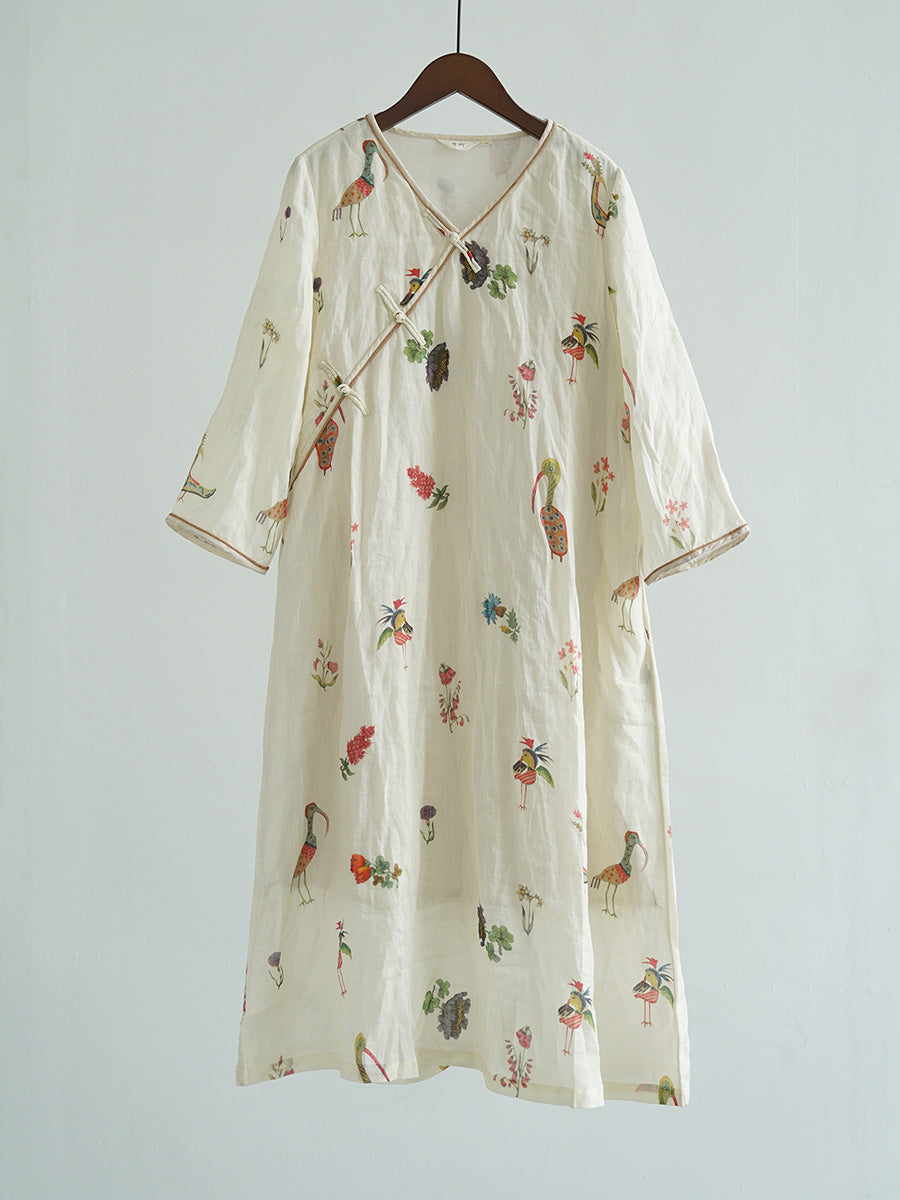 Women Summer Artsy Flower  V-Neck 100%Ramie Dress