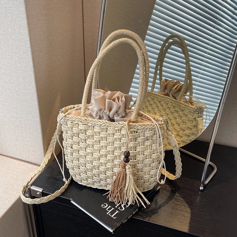 Women's Medium Straw Solid Color Beach Classic Style Bucket String Crossbody Bag