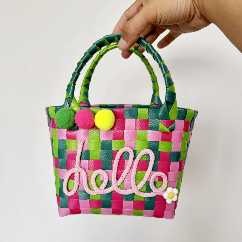 Women's PVC Color Block Plaid Vacation Weave Square Open Square Bag
