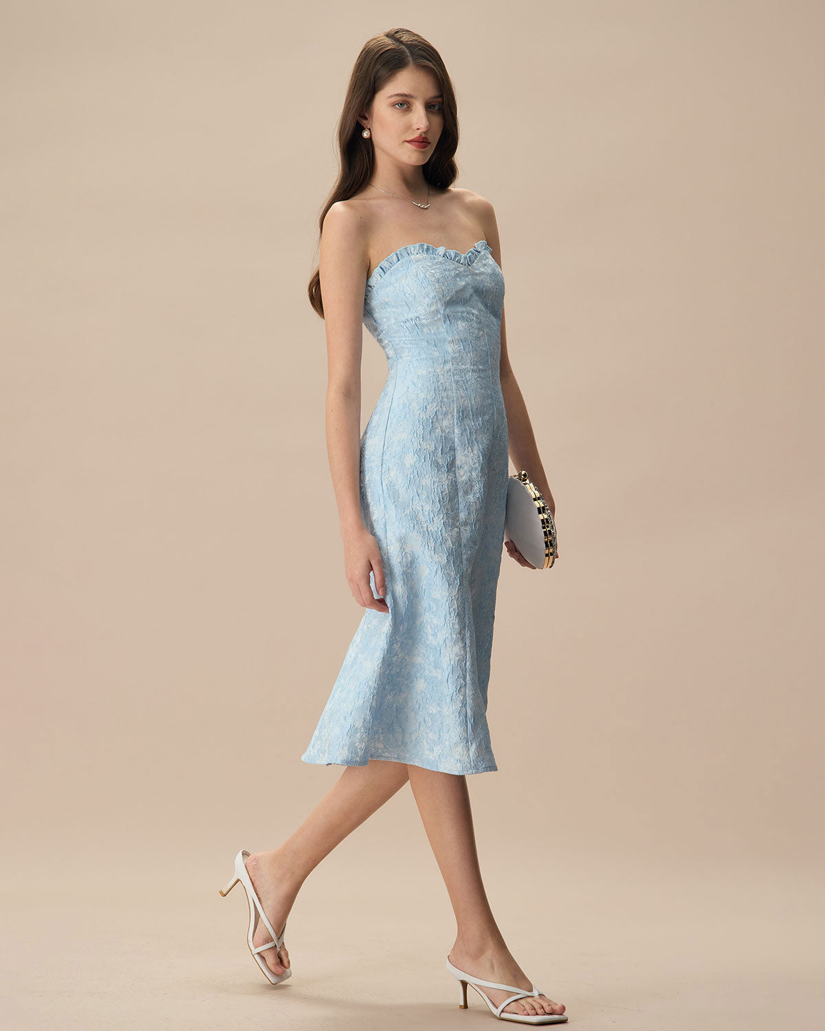 Women's Blue Strapless Jacquard Midi Dress