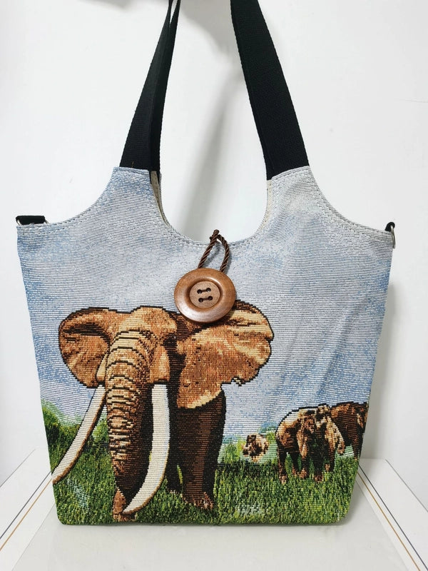 Women's Large Canvas Elephant Ethnic Style Square Zipper Shoulder Bag