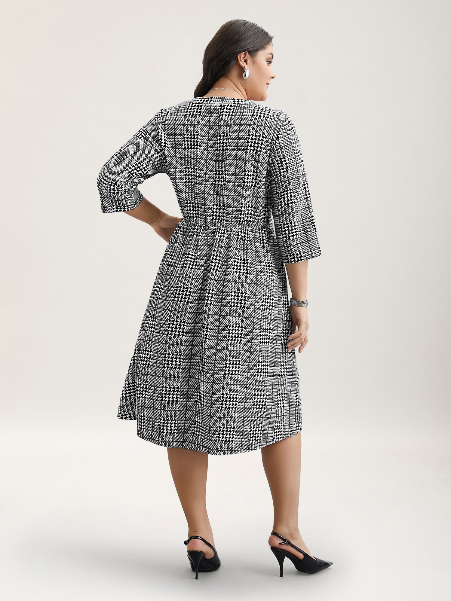 Houndstooth Print Waist-Cinched Patchwork Midi Dress