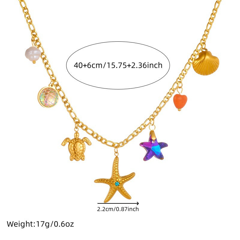 Fashionable Colorful Fish Scale Design Marine Animal Starfish Diamond Turtle Shell Pendant Stainless Steel Necklace