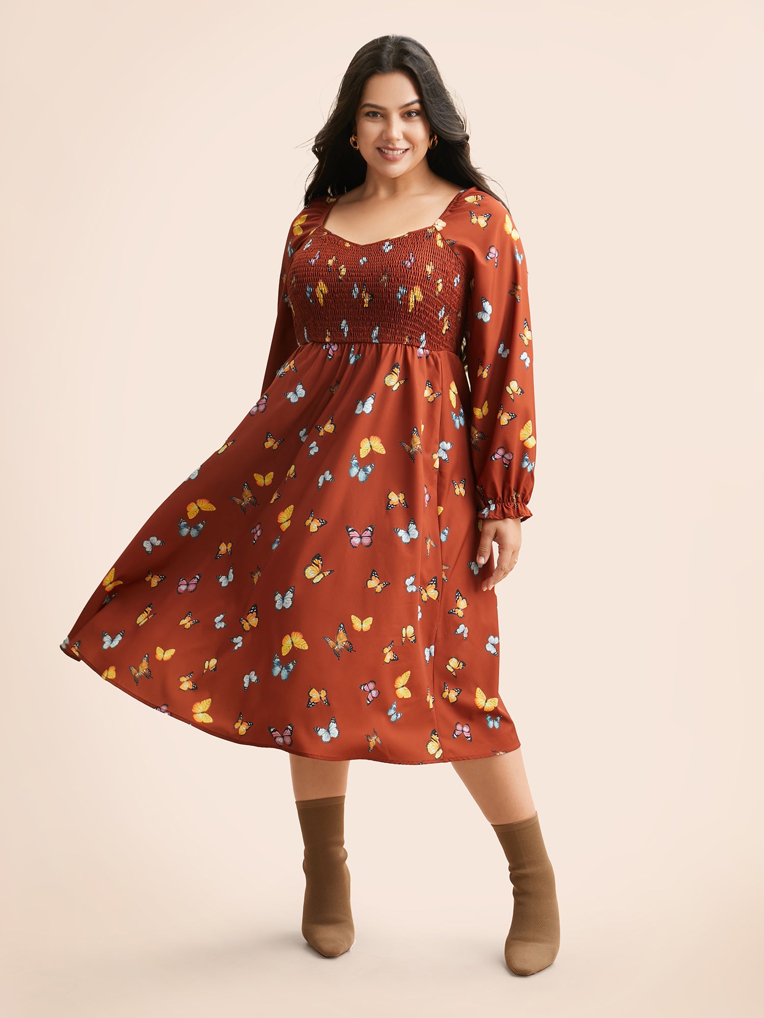 Heart Neckline Butterfly Print Shirred Dress