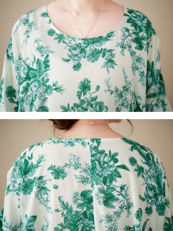 Loose Short Sleeves Floral Printed Pleated Split-Joint Round-Neck Midi Dresses