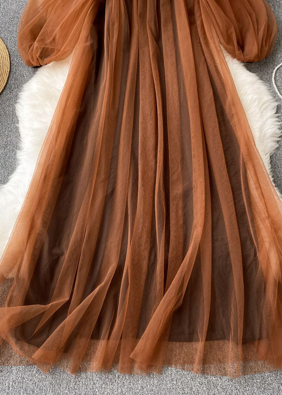 Coffee Square Collar Wrinkled Patchwork Tulle Dresses Lantern Sleeve