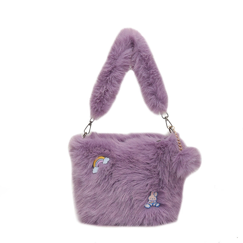 Women's Medium Plush Solid Color Vacation Classic Style Plush Chain Square Zipper Shoulder Bag