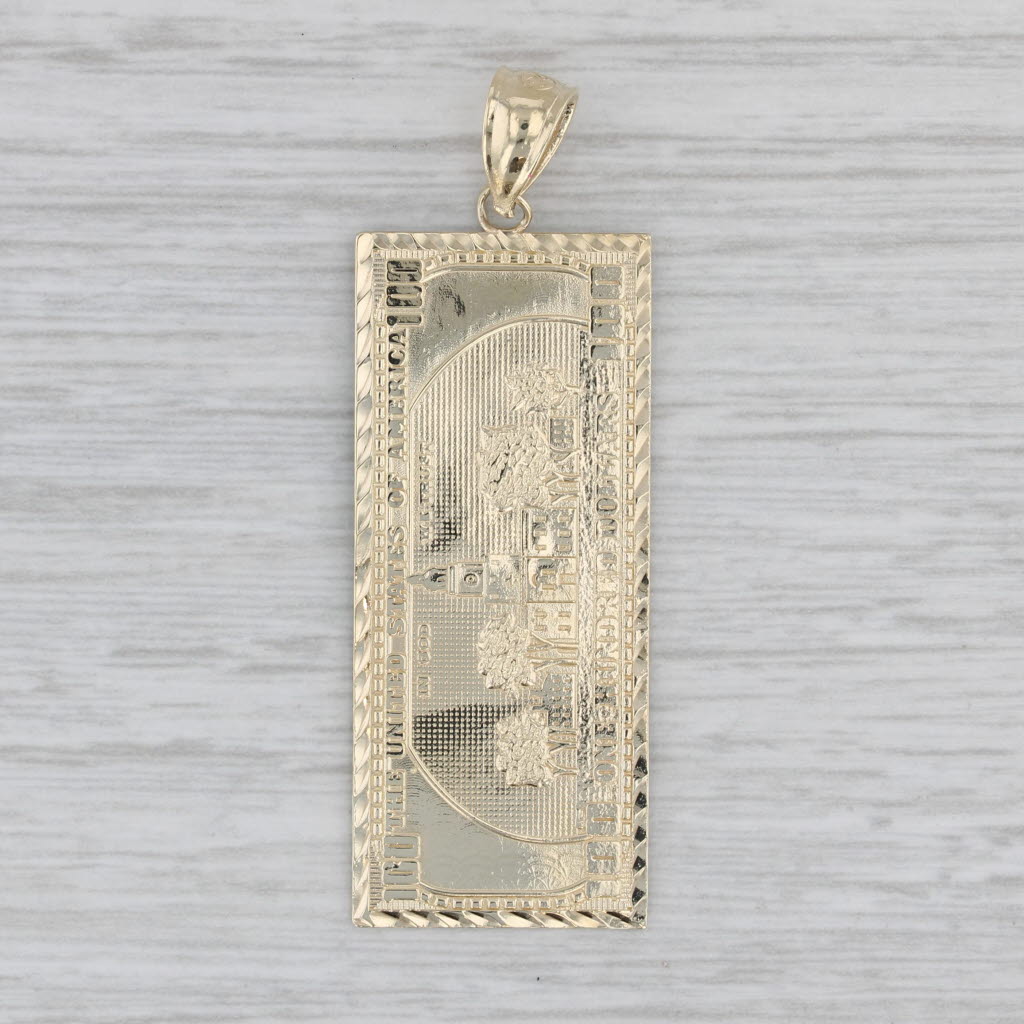 100 Dollar Bill Pendant 10k Yellow Gold Detailed Copy Benjamin Franklin