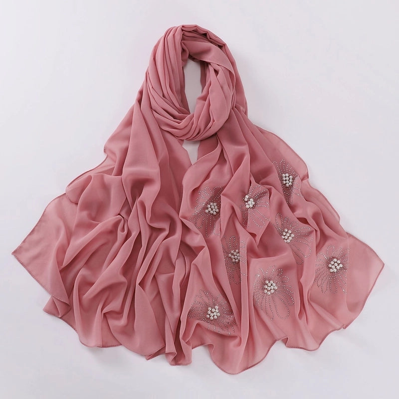 New Flower Hot Drilling Nail Bead Scarf Pearl Chiffon Muslim Scarf Middle East Hui Hijab Long Scarf