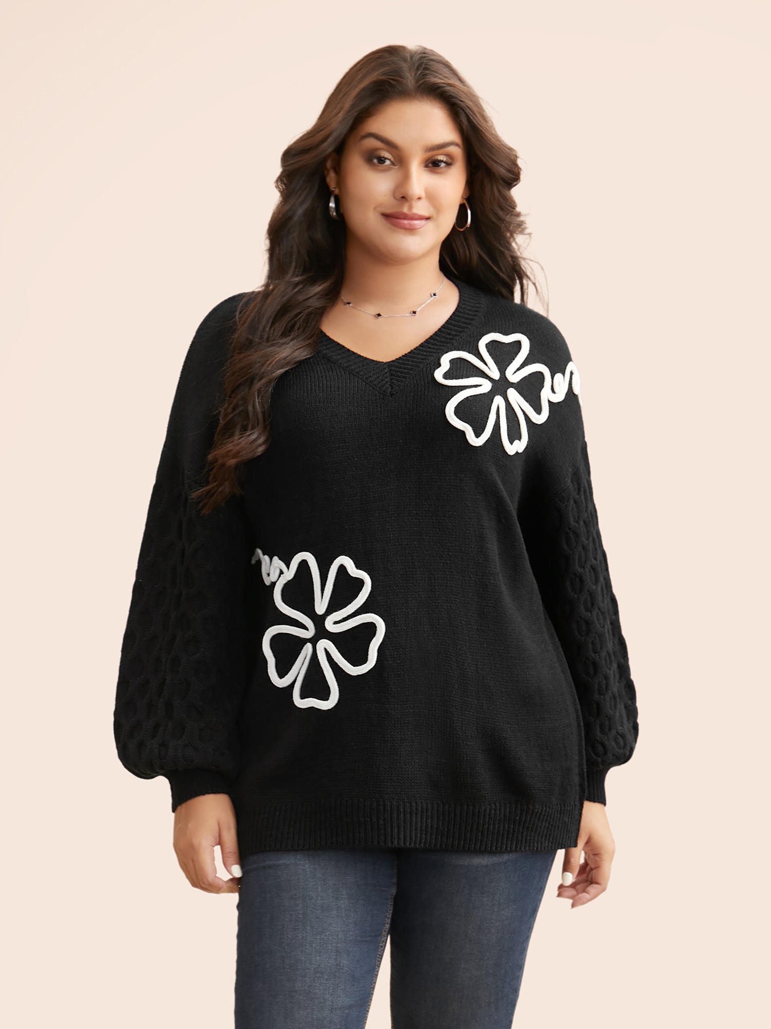 Crochet Floral Texture V Neck Pullover