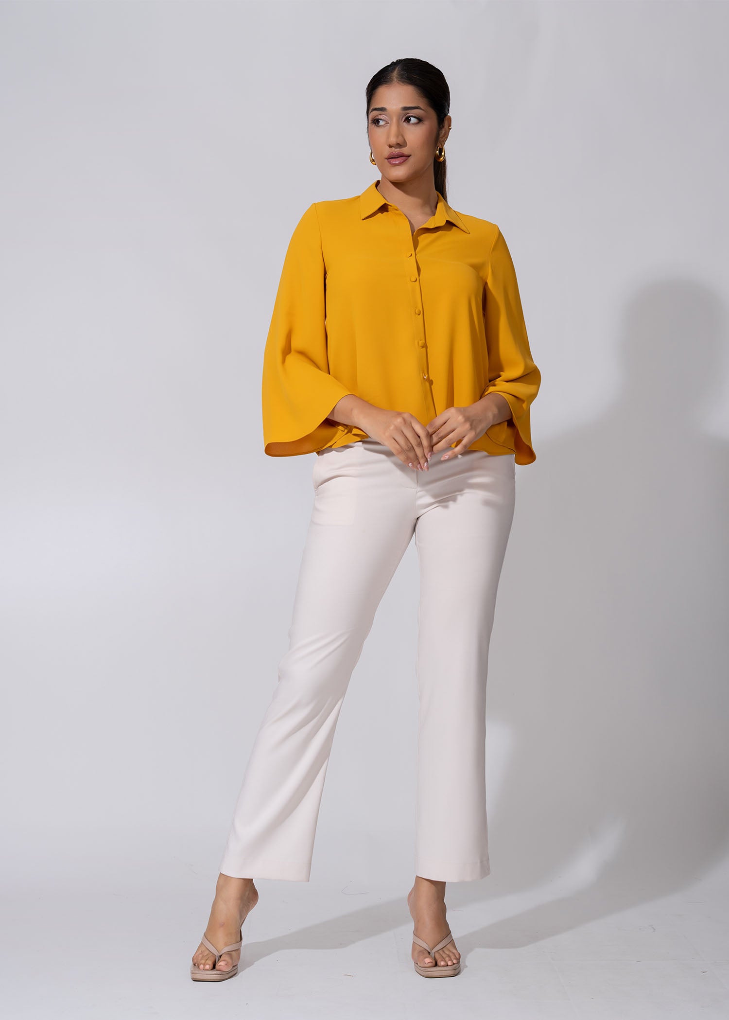 Crop Length Blouse With Bell Sleeve