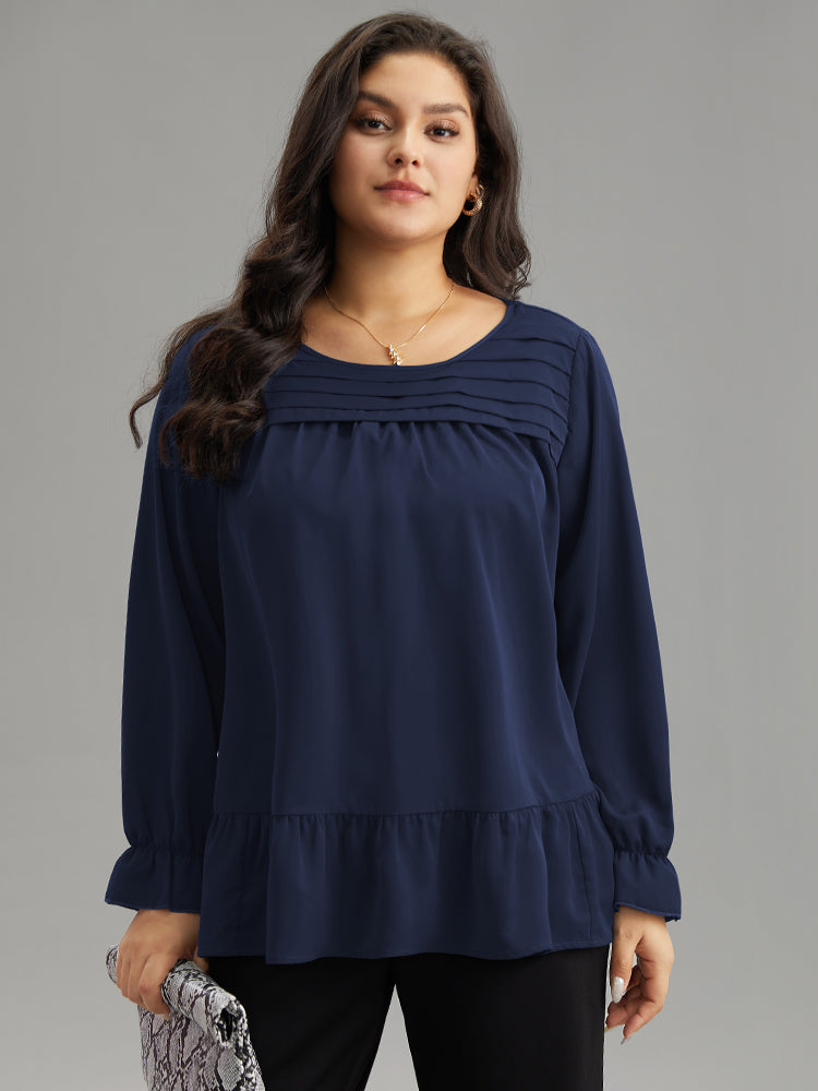Static-Free Plain Pleated Ruffles Lantern Sleeve Blouse
