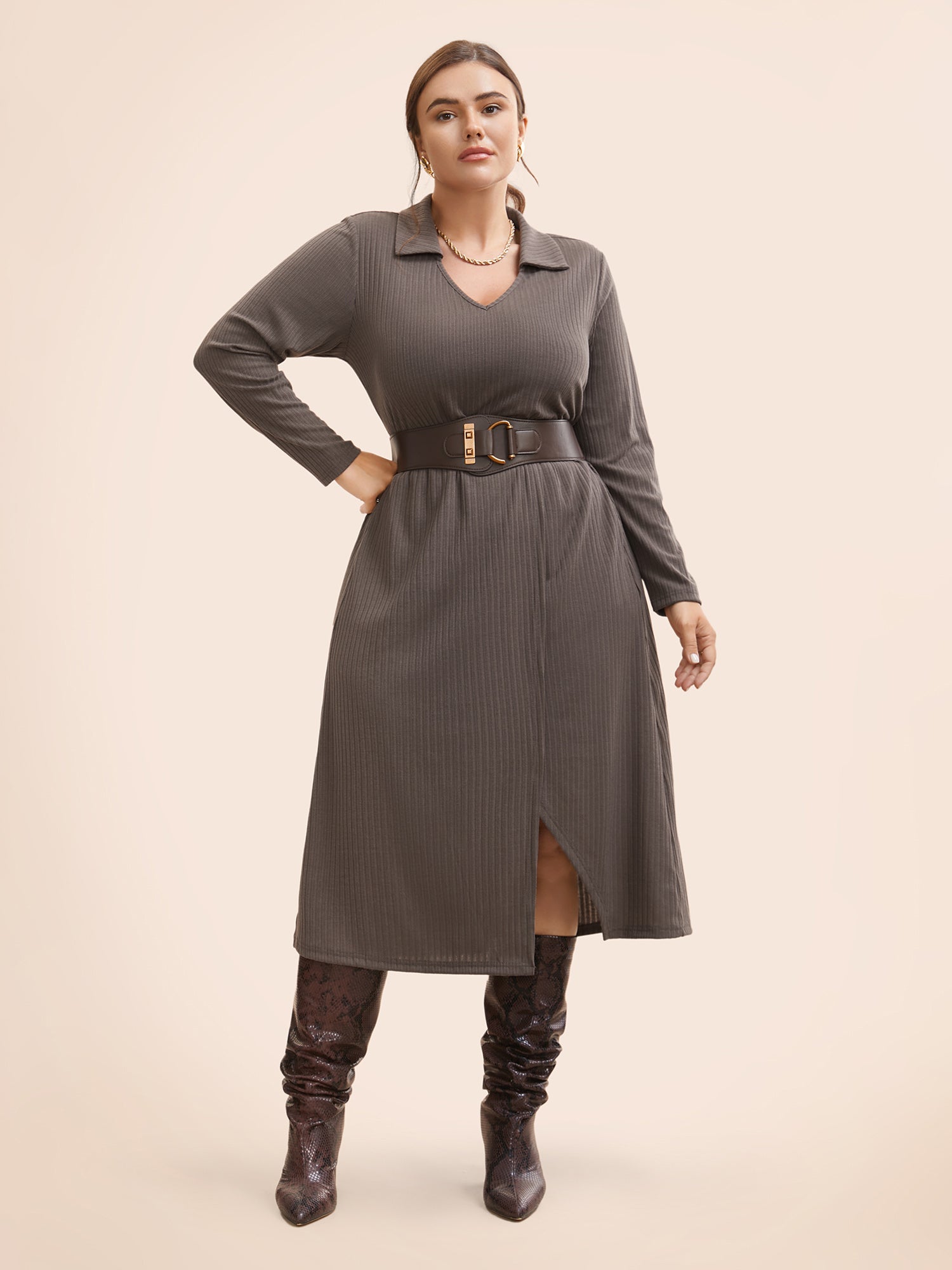 Knitted Stretch Woven Wrap Midi Dress