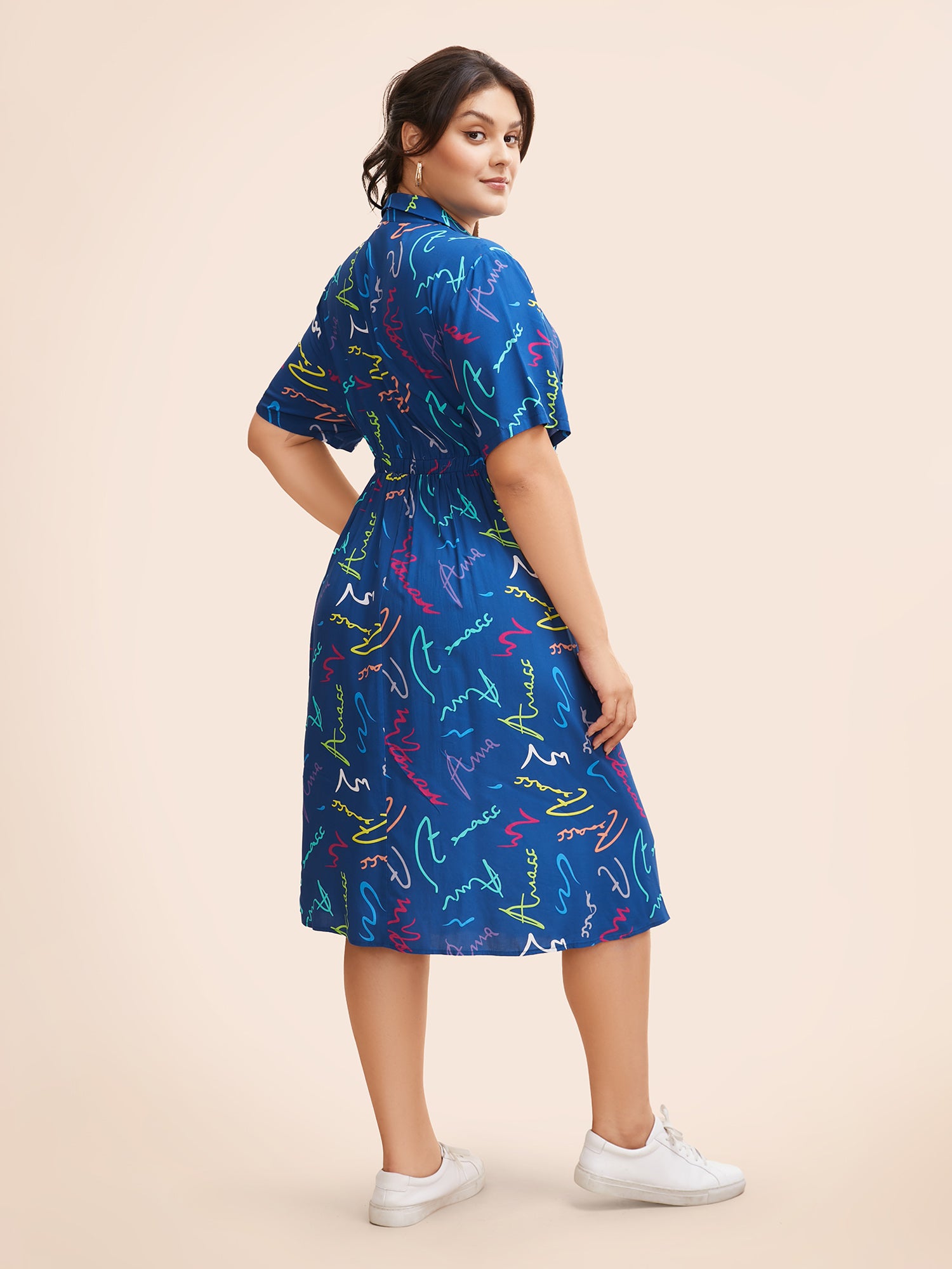 Scribble Print Elastic Waist Midi Shirt Dress