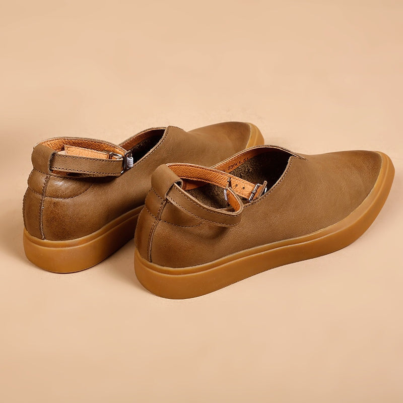Vegetable Tanned Leather Flat Mary Jane Shoes For Women Point Toe Witch Style in Red/Khaki/Brown/Black