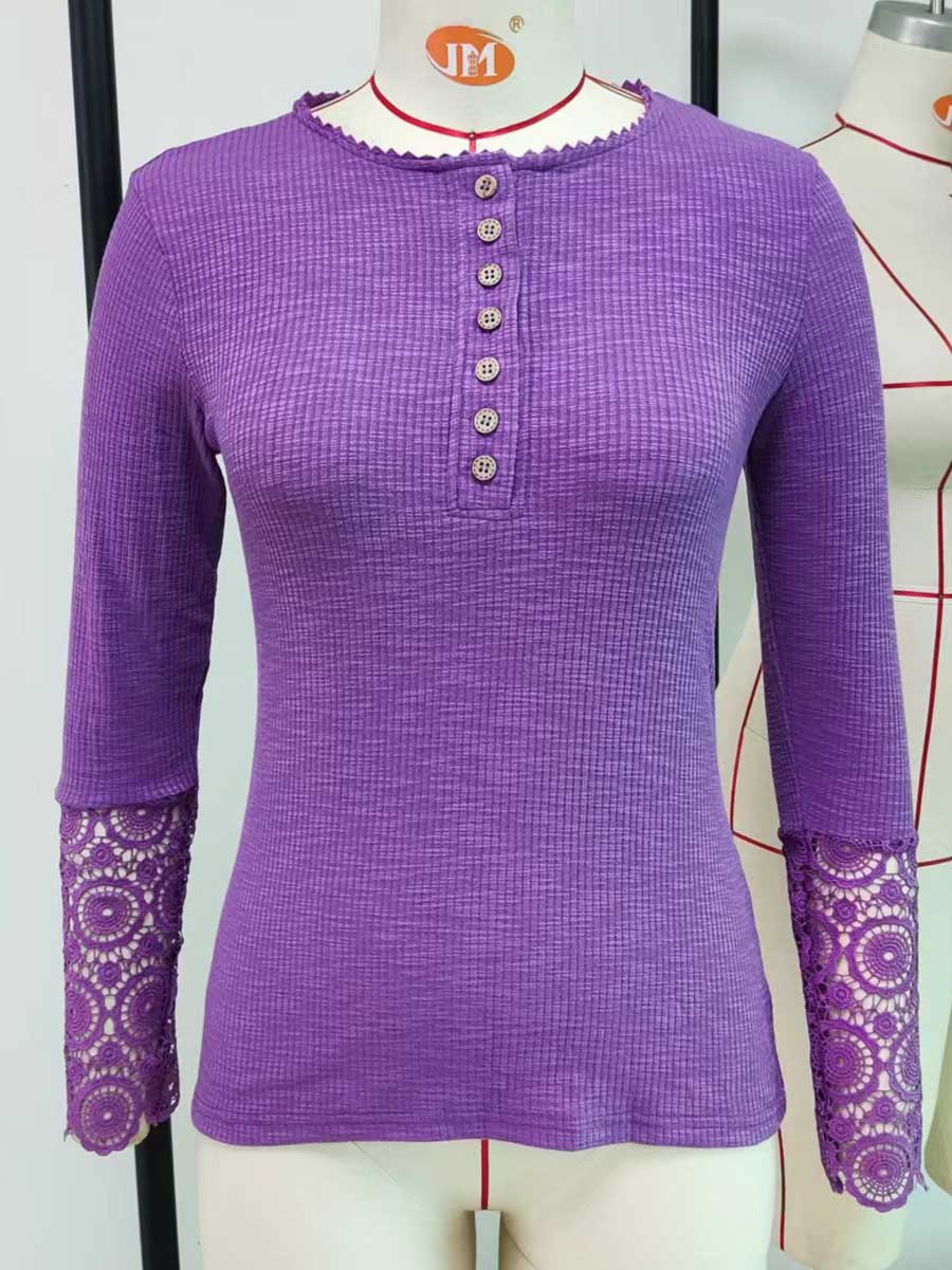 Round Neck Stitching Lace Long Sleeve T-Shirt(14 colors)