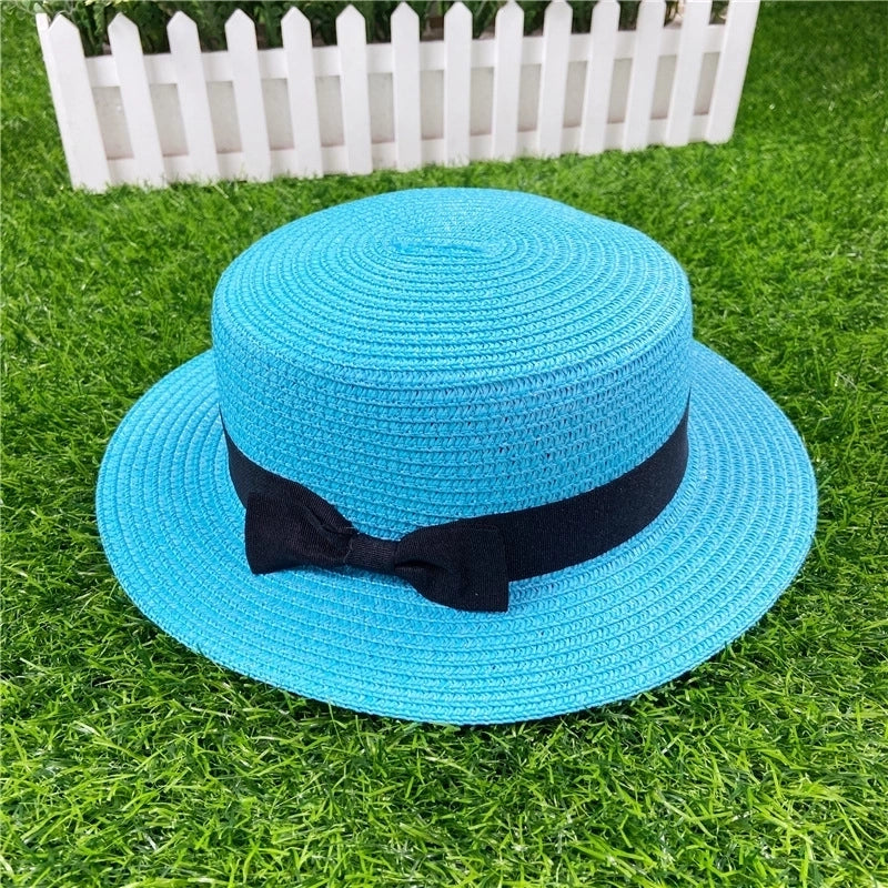 Straw Hat Shading Hat Summer Flat-brimmed Bow Straw Flat Top Hat