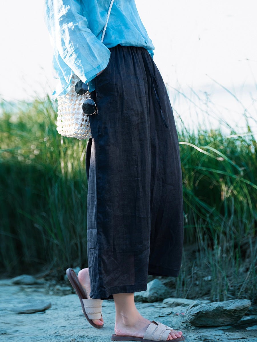 Women Summer Pure Color 100%Ramie Wide-leg Pants