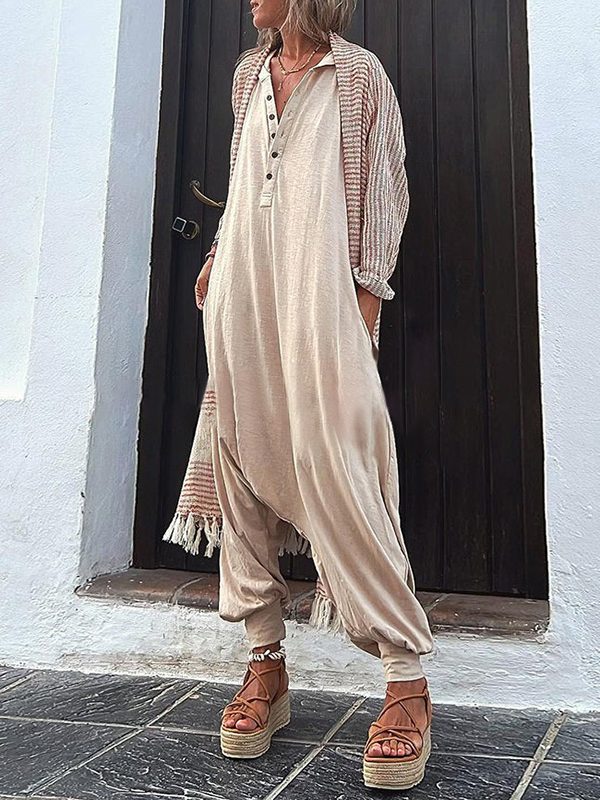 Hooded Loose Buttoned Solid Color V-neck Jumpsuits