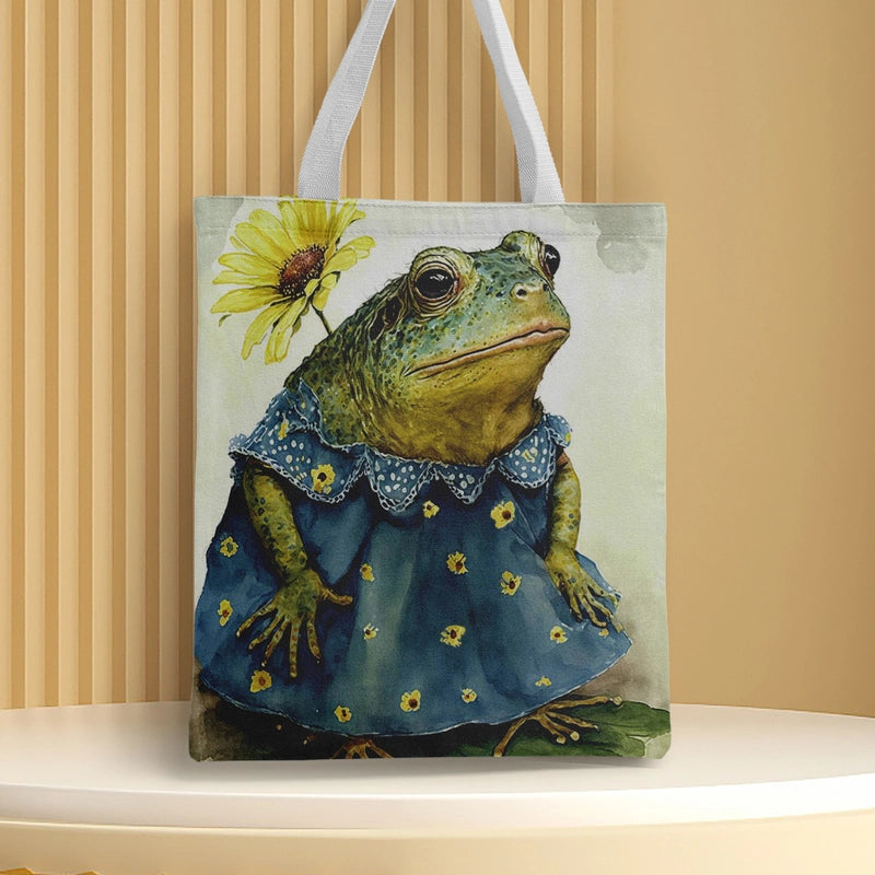 Women's Canvas Cartoon Frog Basic Classic Style Square Open Canvas Bag