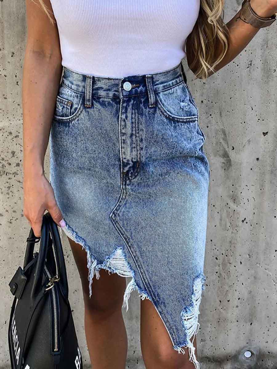 Irregular Fringed Denim Skirt