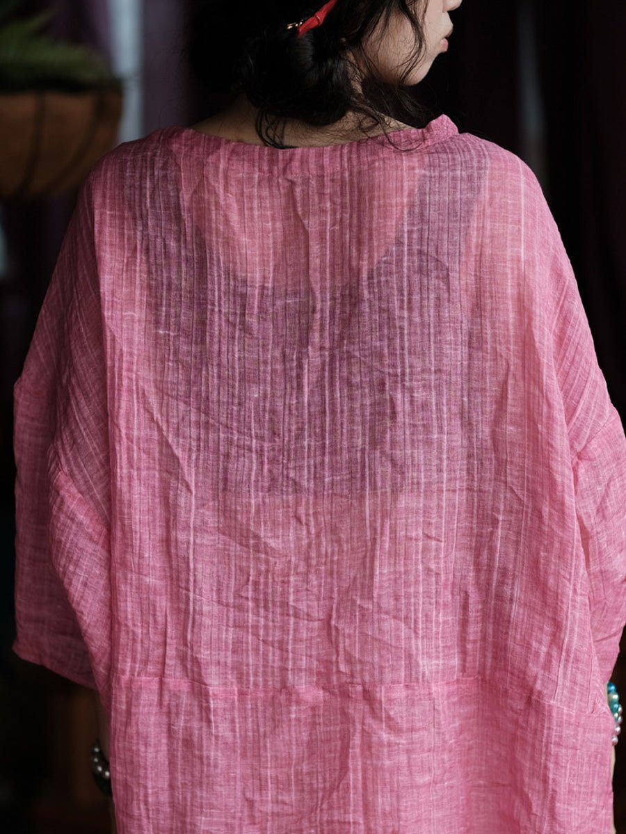 Women Summer Retro Plaid O-Neck Linen Shirt