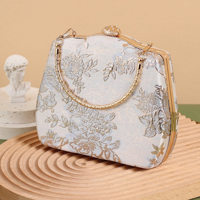 Women's Small Cloth Leaves Flower Elegant Vintage Style Embroidery Clasp Frame Handbag