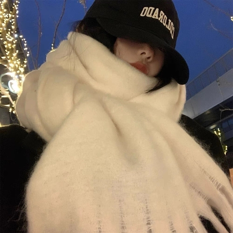 Solid Color Mohair Scarf For Women Autumn And Winter New Scarf  High-grade Thick Warm Shawl
